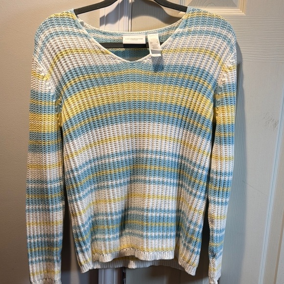 Liz Claiborne Blue and Yellow V-Neck Sweater with Ribbed Knit - Picture 1 of 3